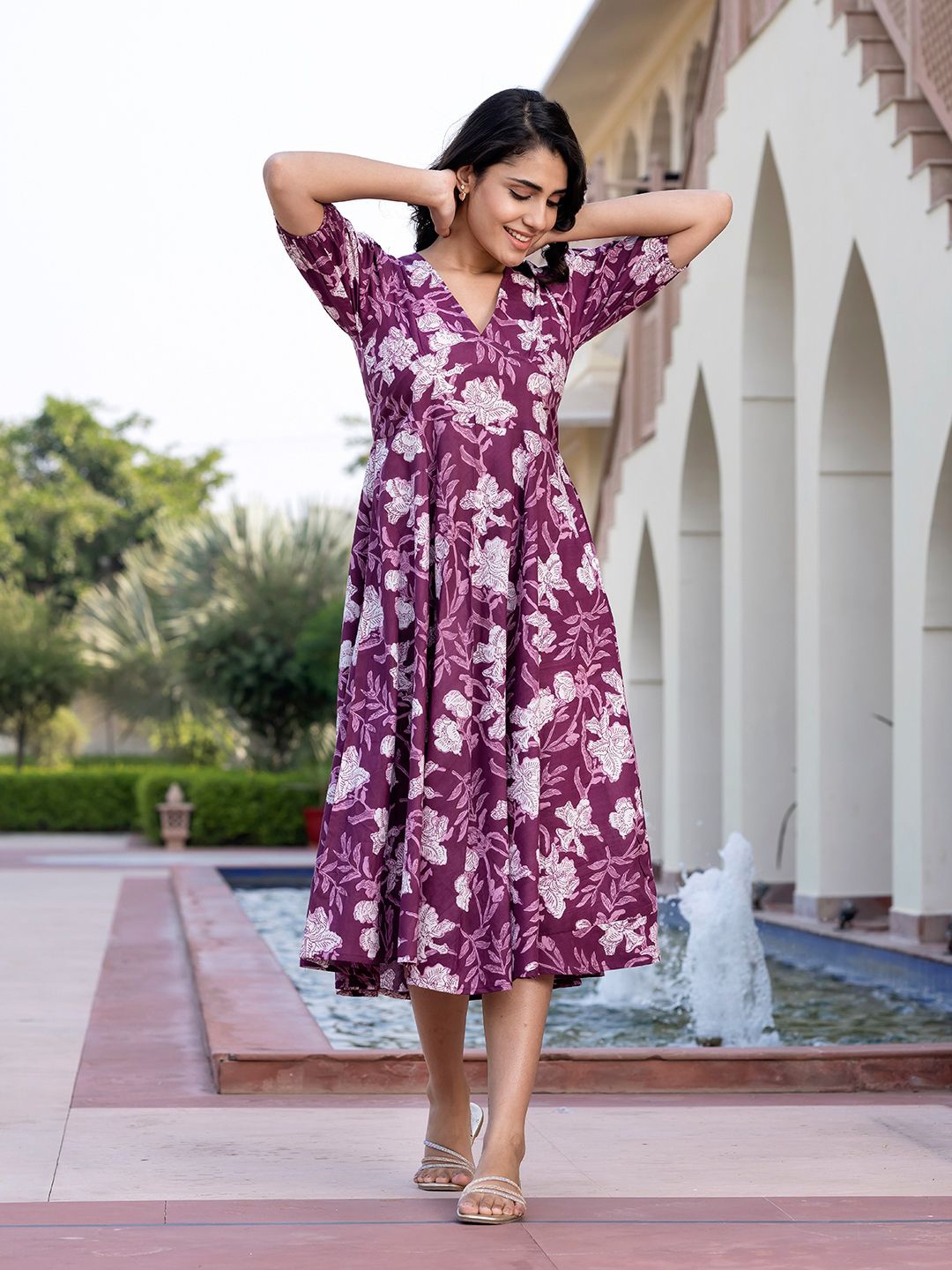 

KALINI Floral Print Puff Sleeve Fit & Flare Midi Dress, Purple