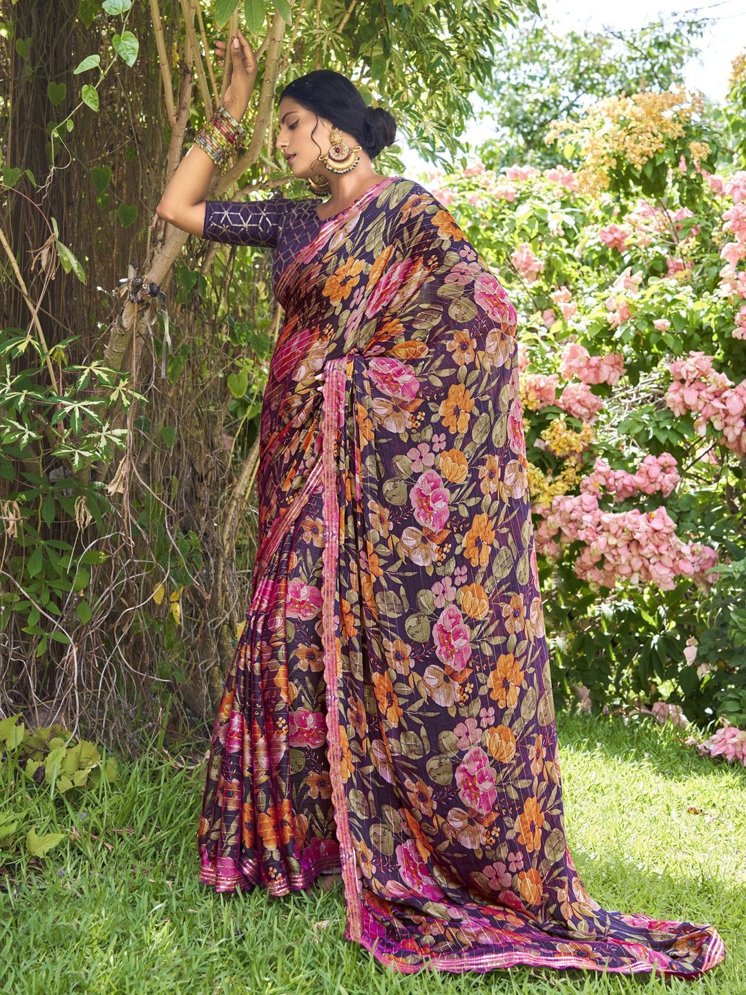 

Mitera Floral Sequinned Pure Chiffon Saree, Purple