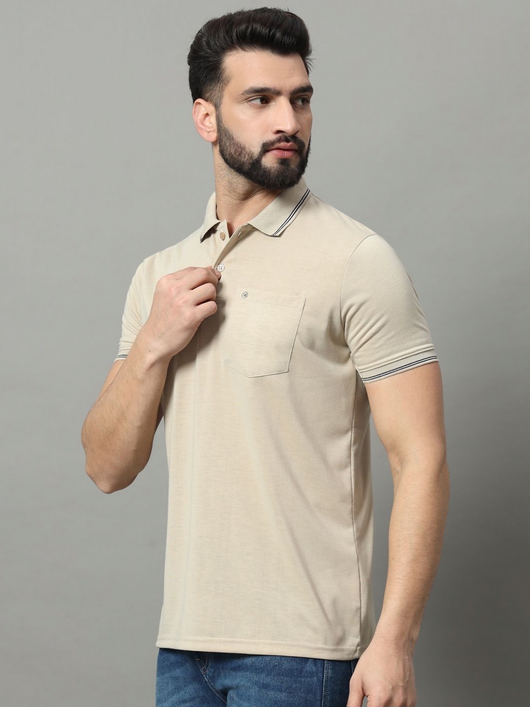 

OGEN Men Polo Collar Pockets T-shirt, Beige