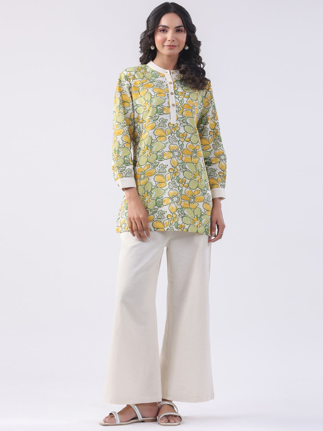 

JISORA Printed Band Collar Pure Cotton Tunic With Palazzos Co-Ords Set, Green
