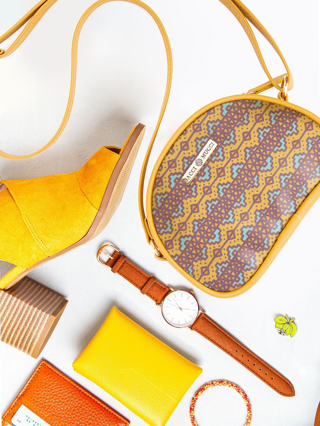 

Sacci Mucci Floral Printed Sling Bag with Cut Work, Yellow