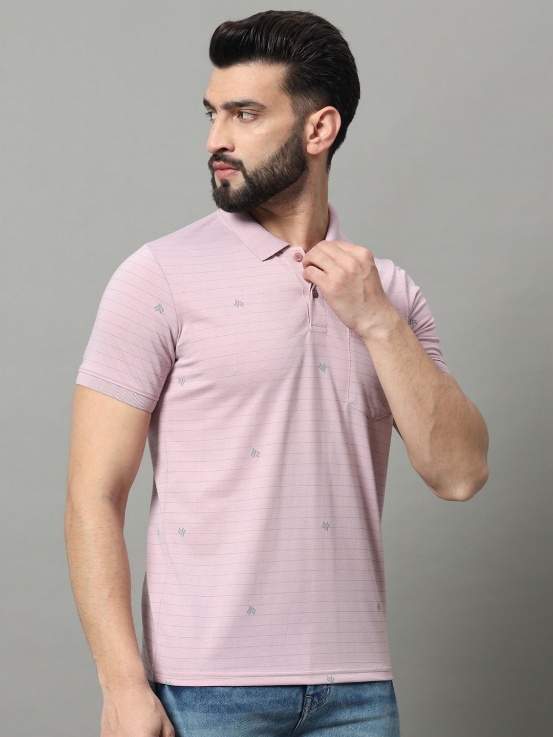 

OGEN Men Striped Polo Collar Pockets T-shirt, Peach