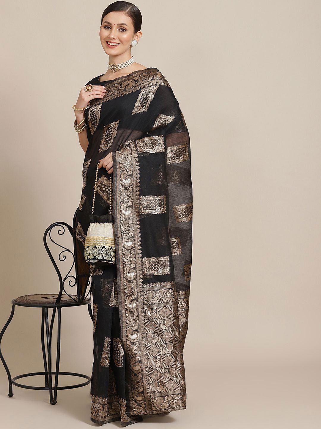 

Anouk Rustic Kalamkari Zari Bagh Saree, Black