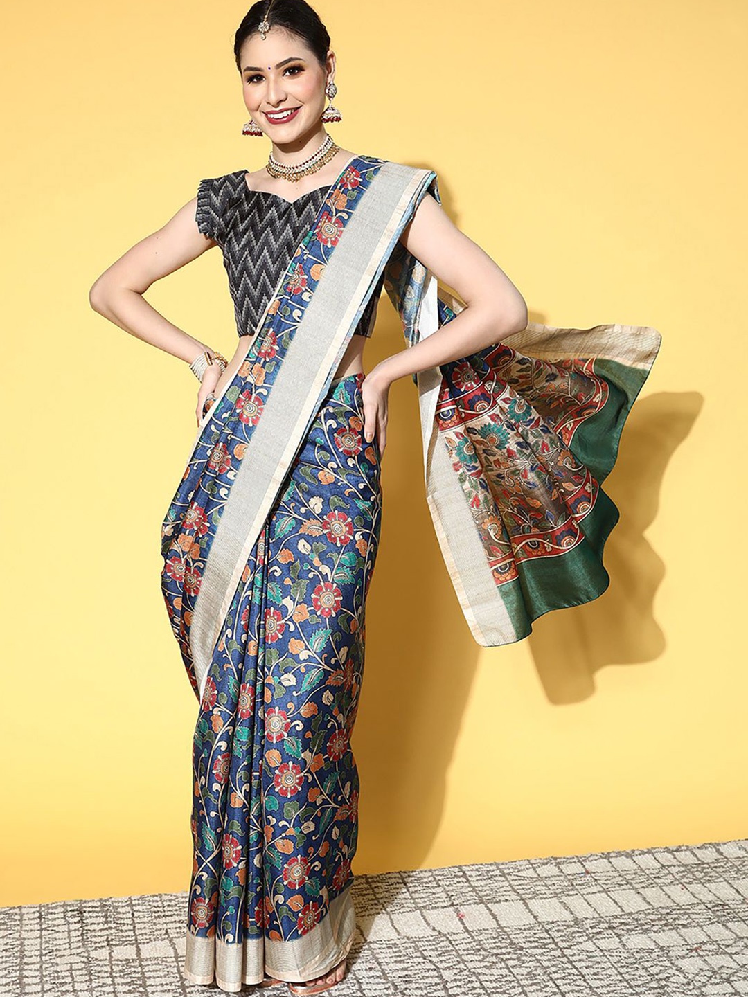 

Anouk Rustic Kalamkari Silk Blend Pochampally Saree, Blue