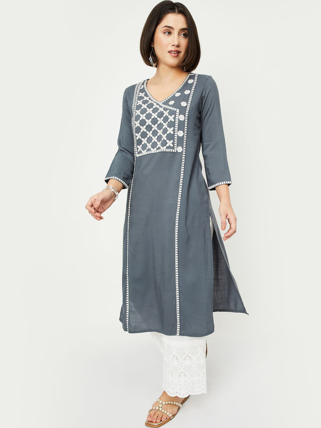 

max Floral Yoke Design Thread Work Straight Kurta, Grey