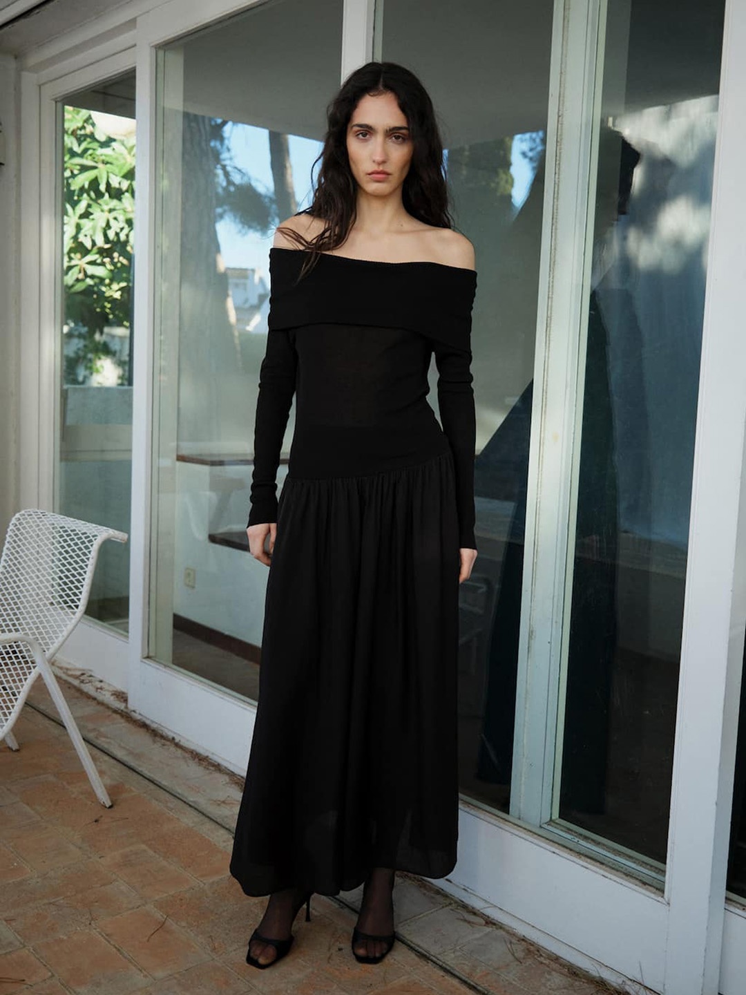 

MANGO Off-Shoulder A-Line Maxi Dress, Black