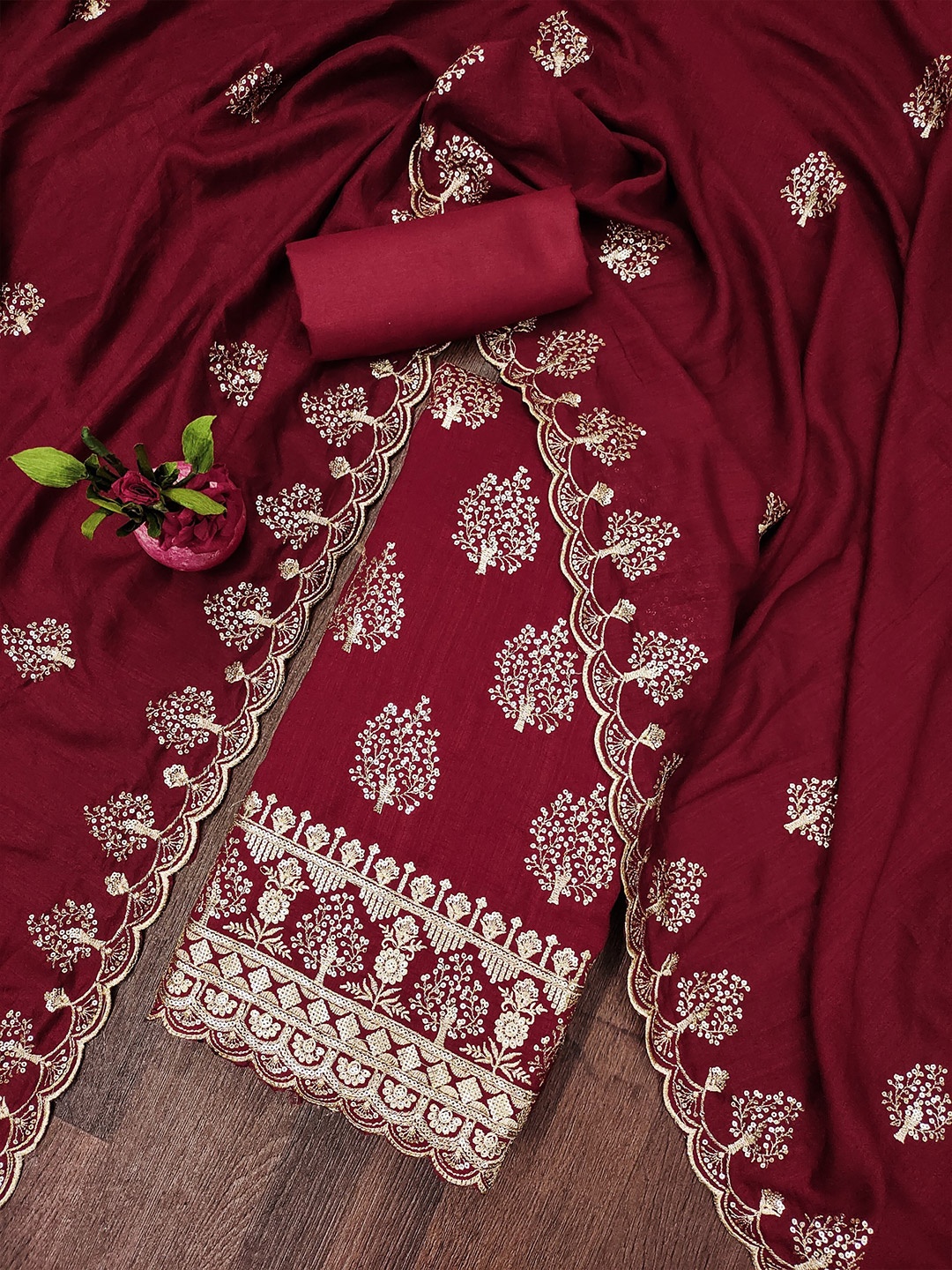 

Rangtulika Floral Embroidered Sequnnied Vichitra Cotton Unstitched Dress Material, Red
