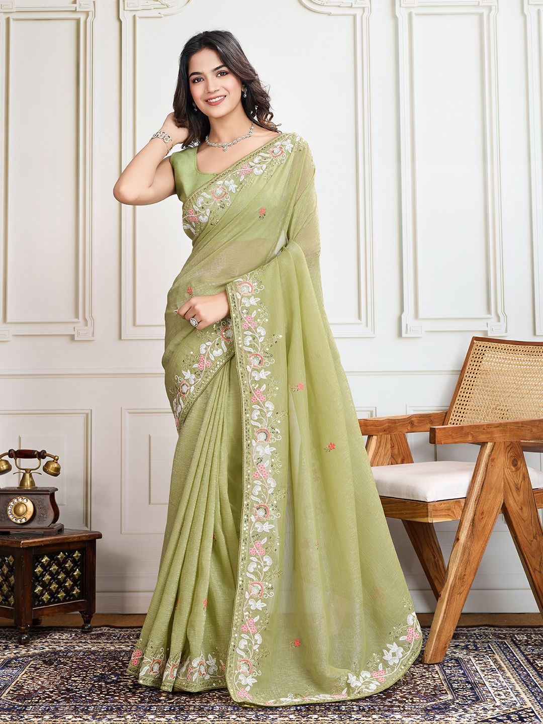 

House of Pataudi Embroidered Saree With Blouse Piece, Olive