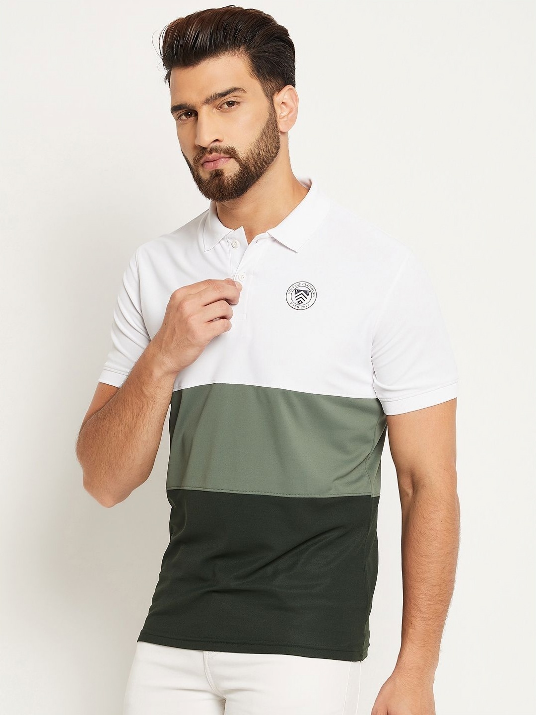 

OGEN Men Colourblocked Polo Collar Applique T-shirt, Olive