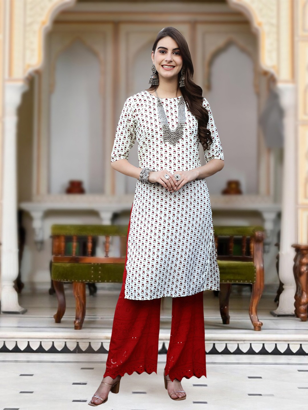 

Moda Rapido Floral Printed Round Neck Straight Kurta, White