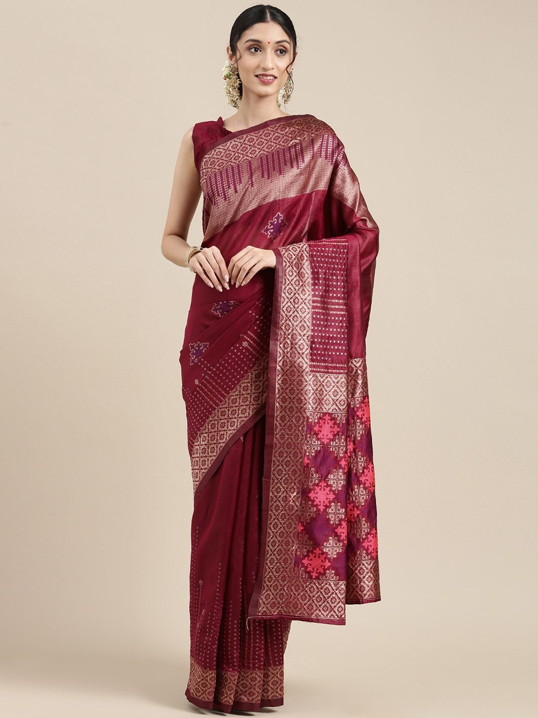 

Mitera Woven Design Zari Silk Blend Banarasi Saree, Magenta