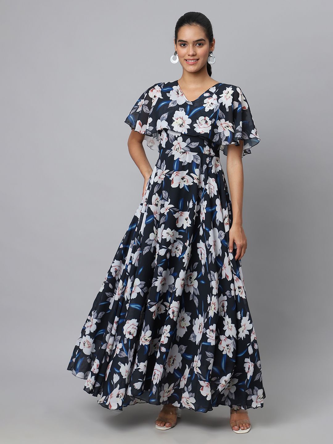 

Sugathari Floral Print Flared Sleeve Georgette A-Line Midi Dress, Navy blue