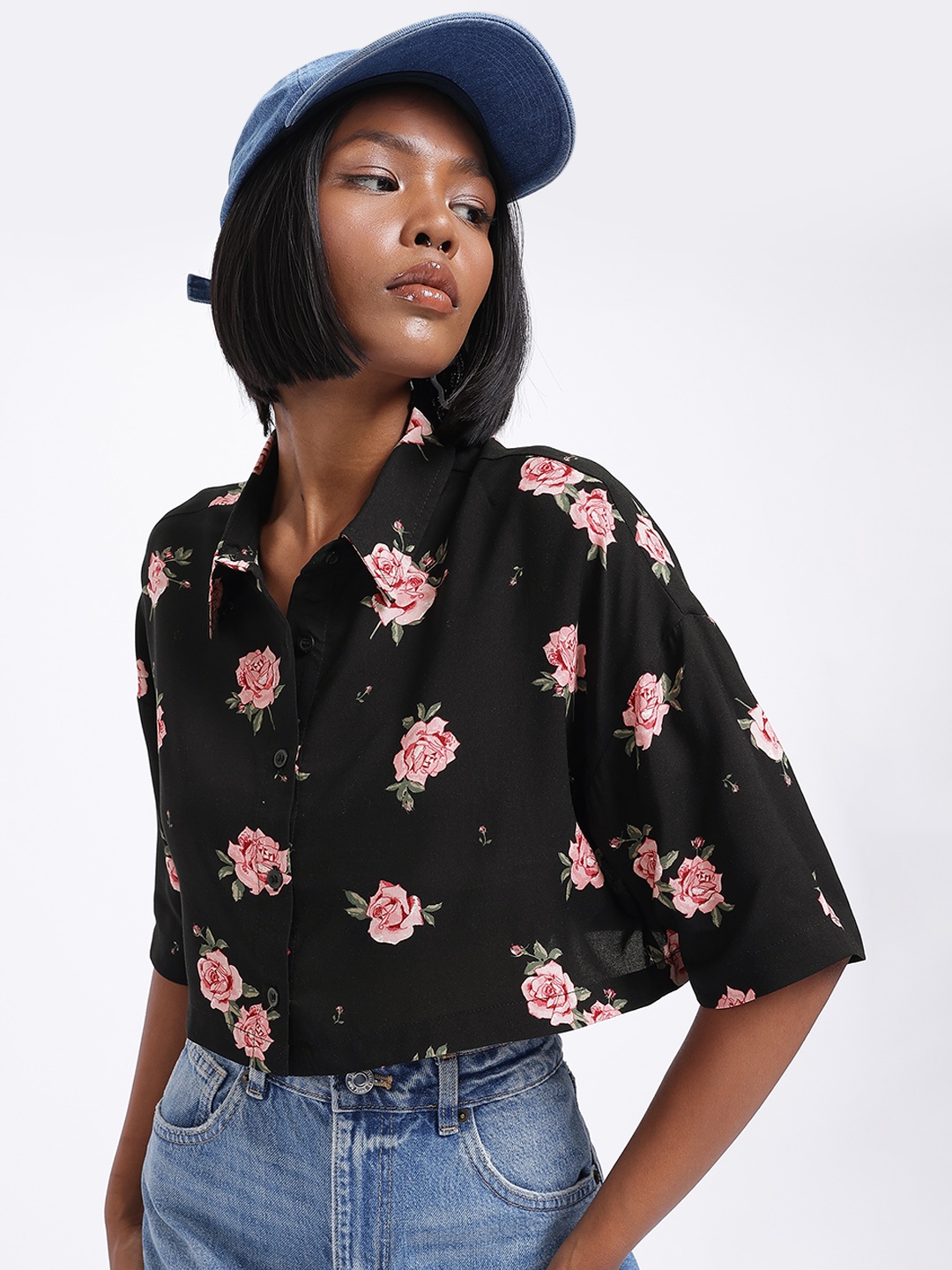

glitchez Urban Blossom Boxy Casual Shirt, Black