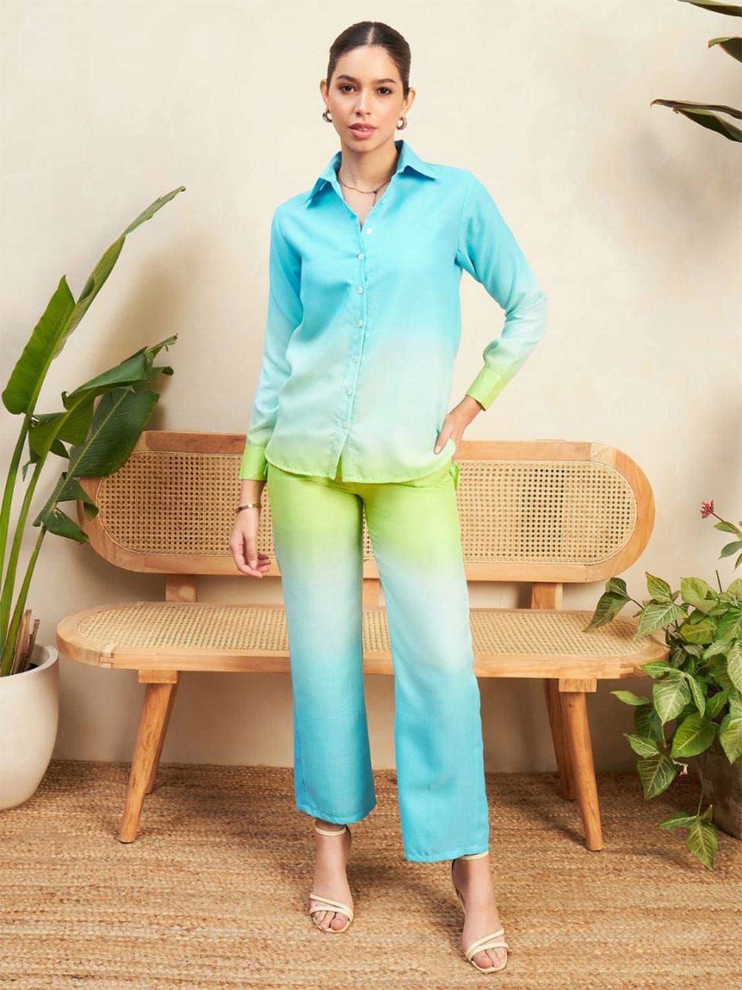 

HIGH BUY Dyed Ombere Long Sleeves Shirt With Trouser, Blue