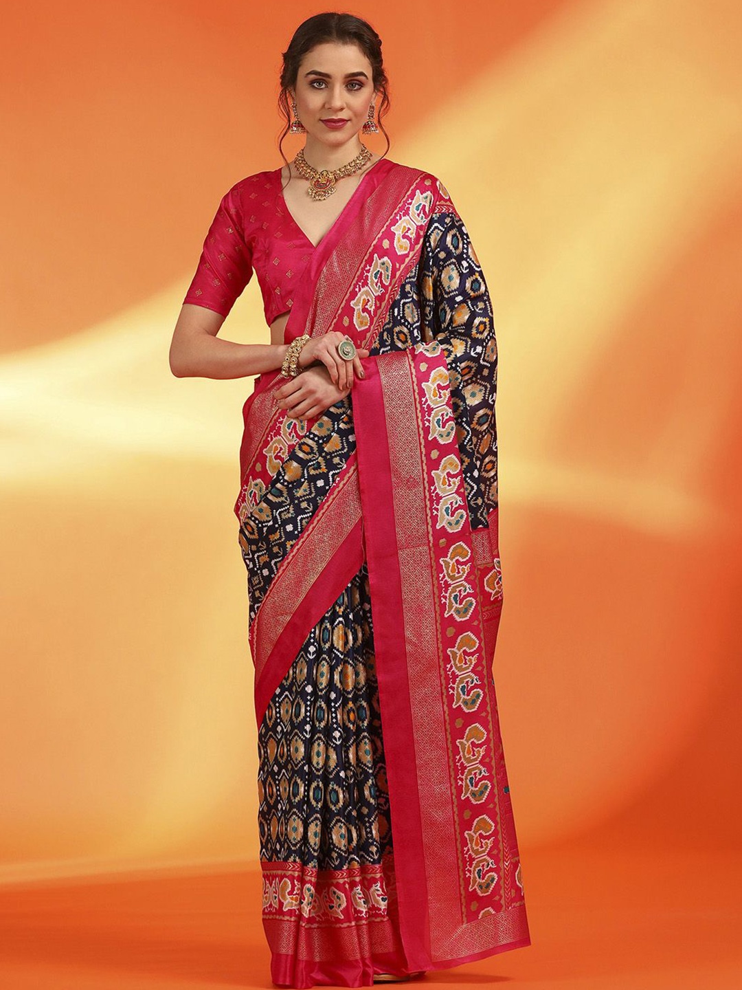 

Mitera Ethnic Motifs Zari Silk Blend Pochampally Saree, Navy blue