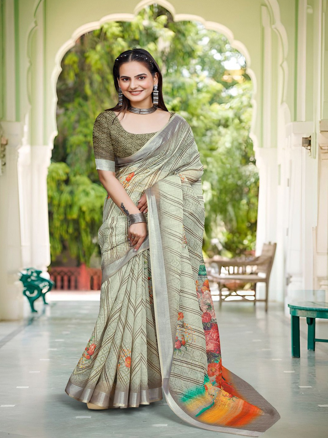 

TRENDING KART Striped Zari Linen Blend Chanderi Saree, Grey