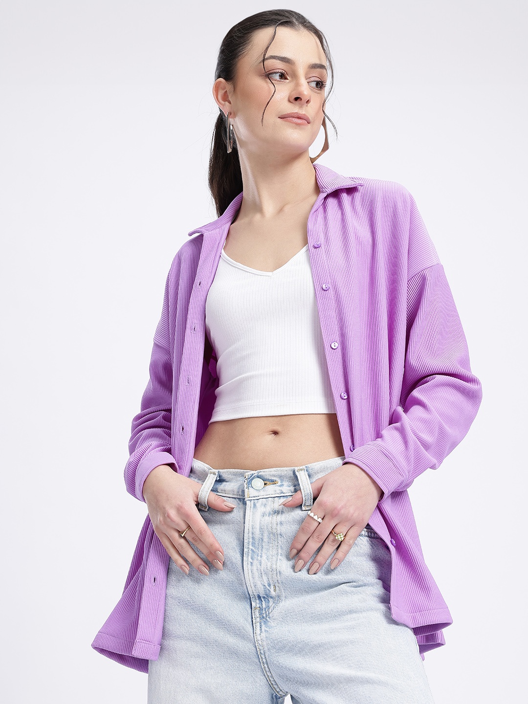 

glitchez Textured Stripes Drop-Shoulder Oversize Shirt, Lavender