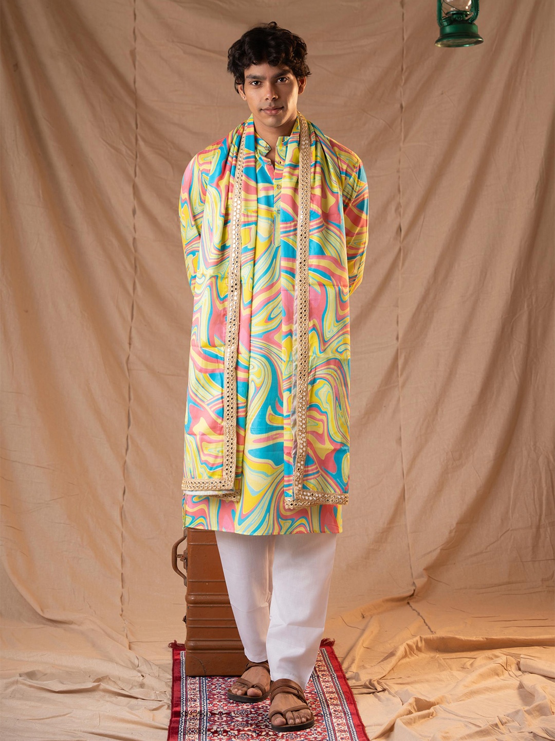 

5 Stitch Abstrach printed Band Collar Straight Kurta, Yellow