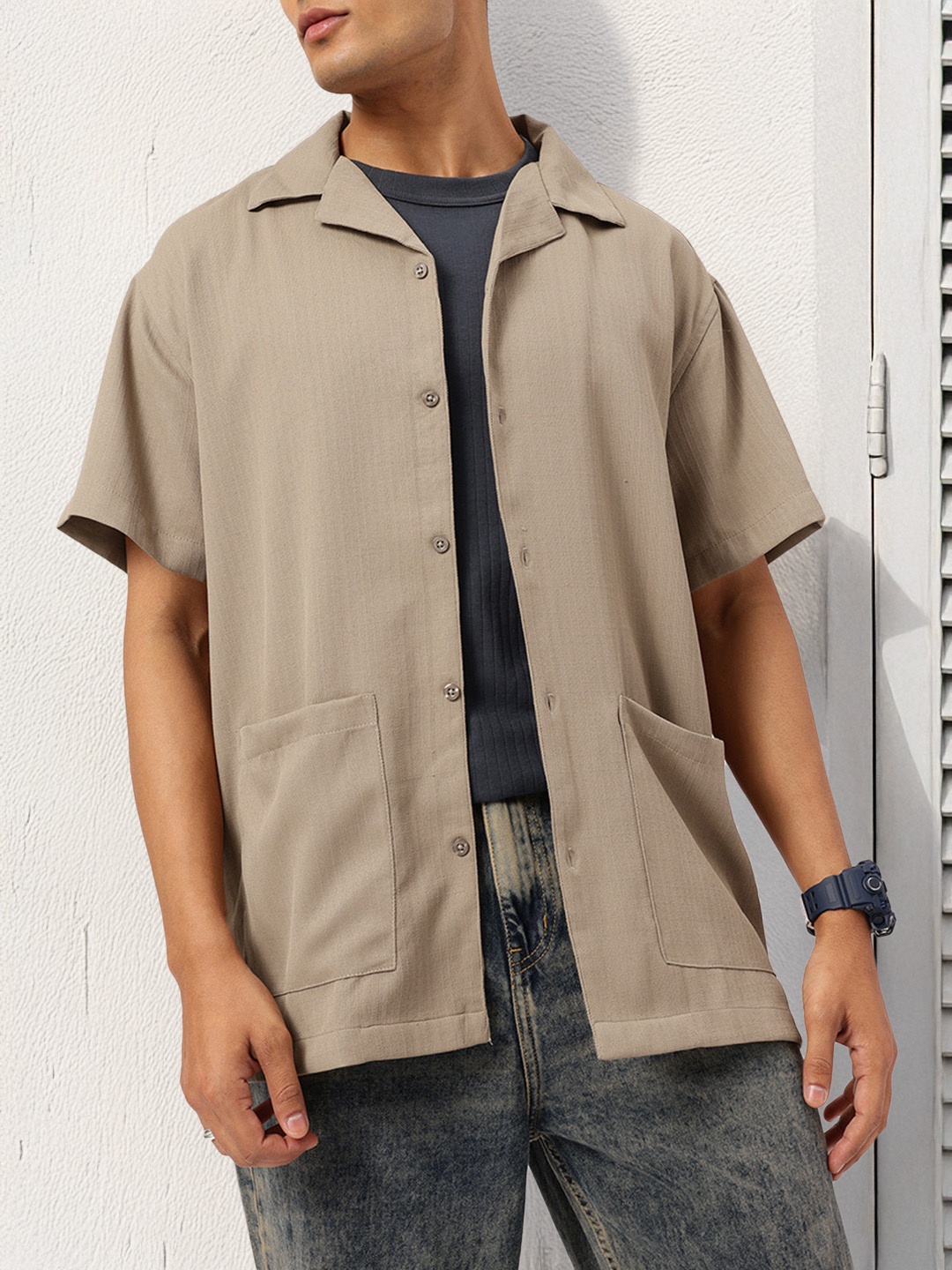 

Kook N Keech Utility Chic Textured Relaxed Fit Shirt, Taupe