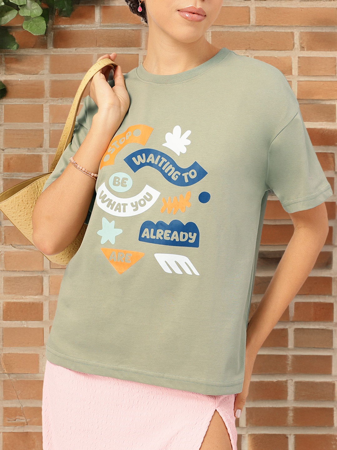 

DressBerry Melancholic Chic Typo Print Relaxed Tee, Green