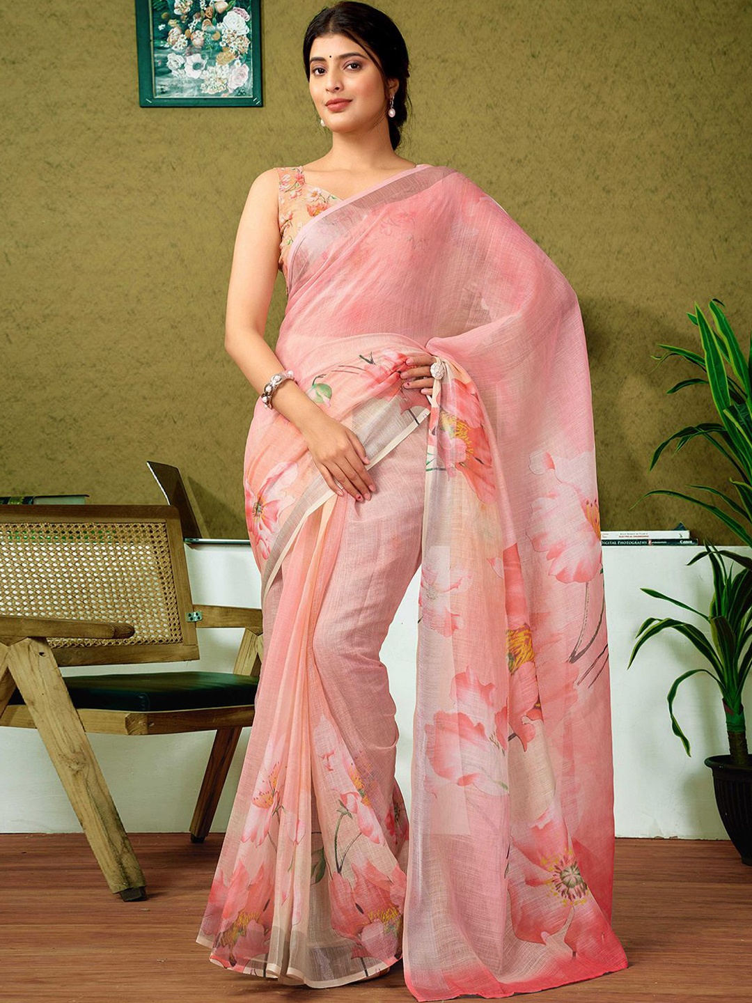 

all about you Floral Zari Pure Linen Ready to Wear Saree, Pink