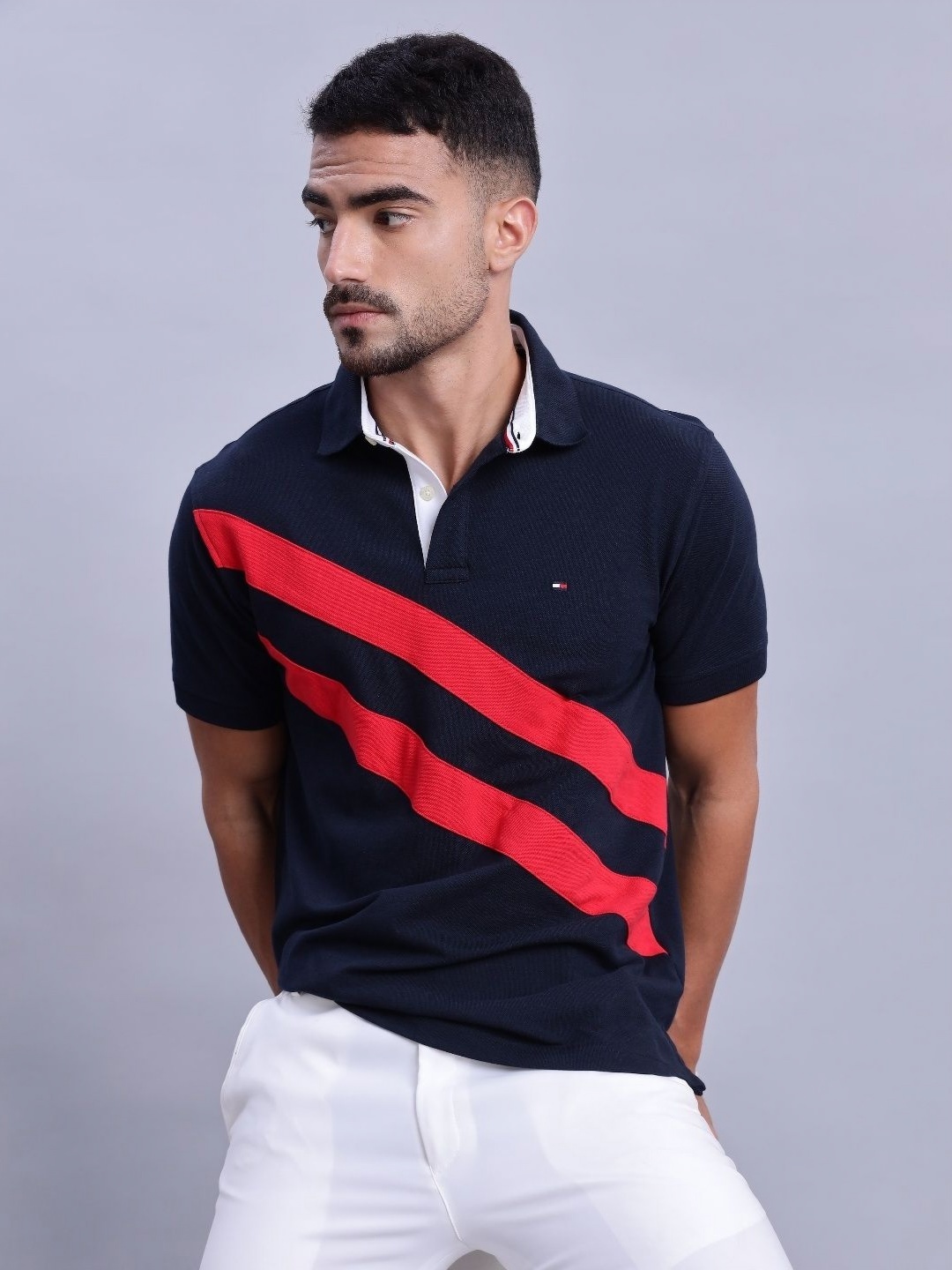 

Tommy Hilfiger Men Brand Logo Striped Polo Collar Pure Cotton T-shirt, Navy blue
