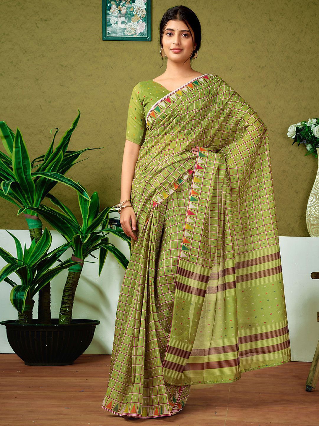 

all about you Checked Ready to Wear Saree, Olive