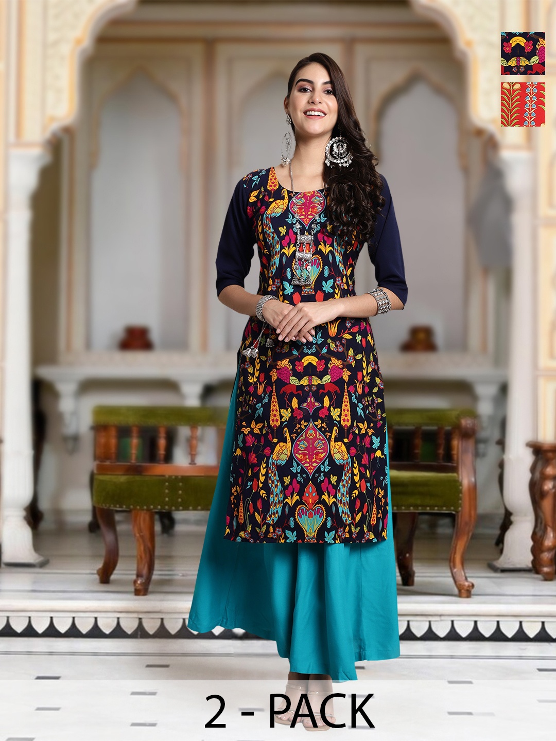 

Moda Rapido Selection Of 2 Floral Printed Round Neck Straight Kurtas, Black