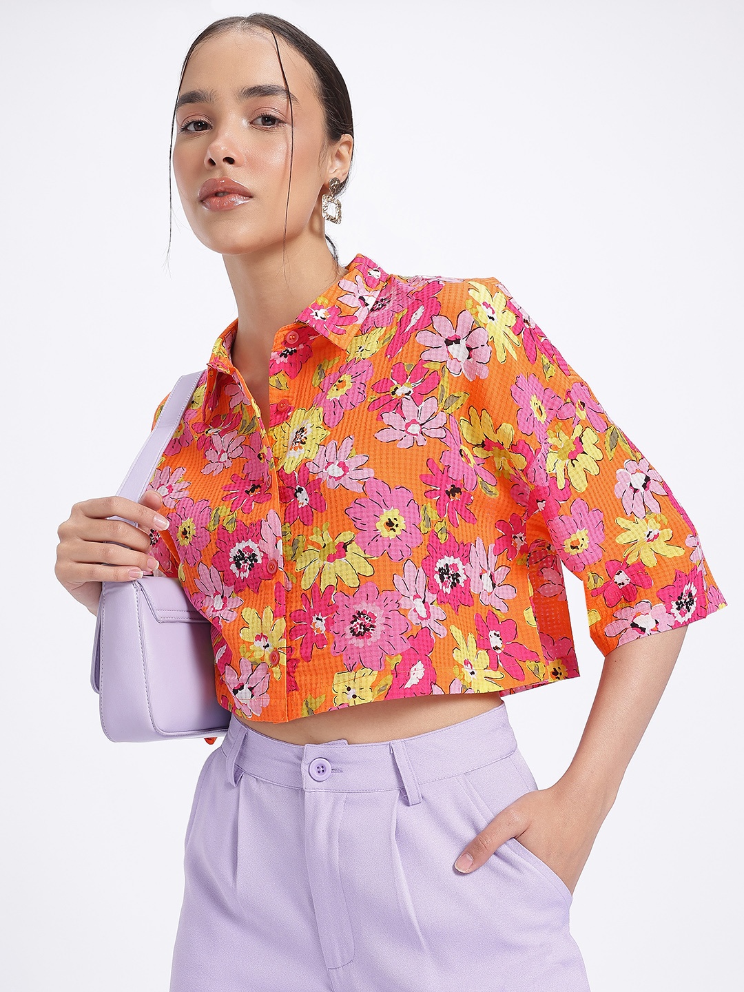 

glitchez Garden Florals Printed Boxy Shirt, Orange