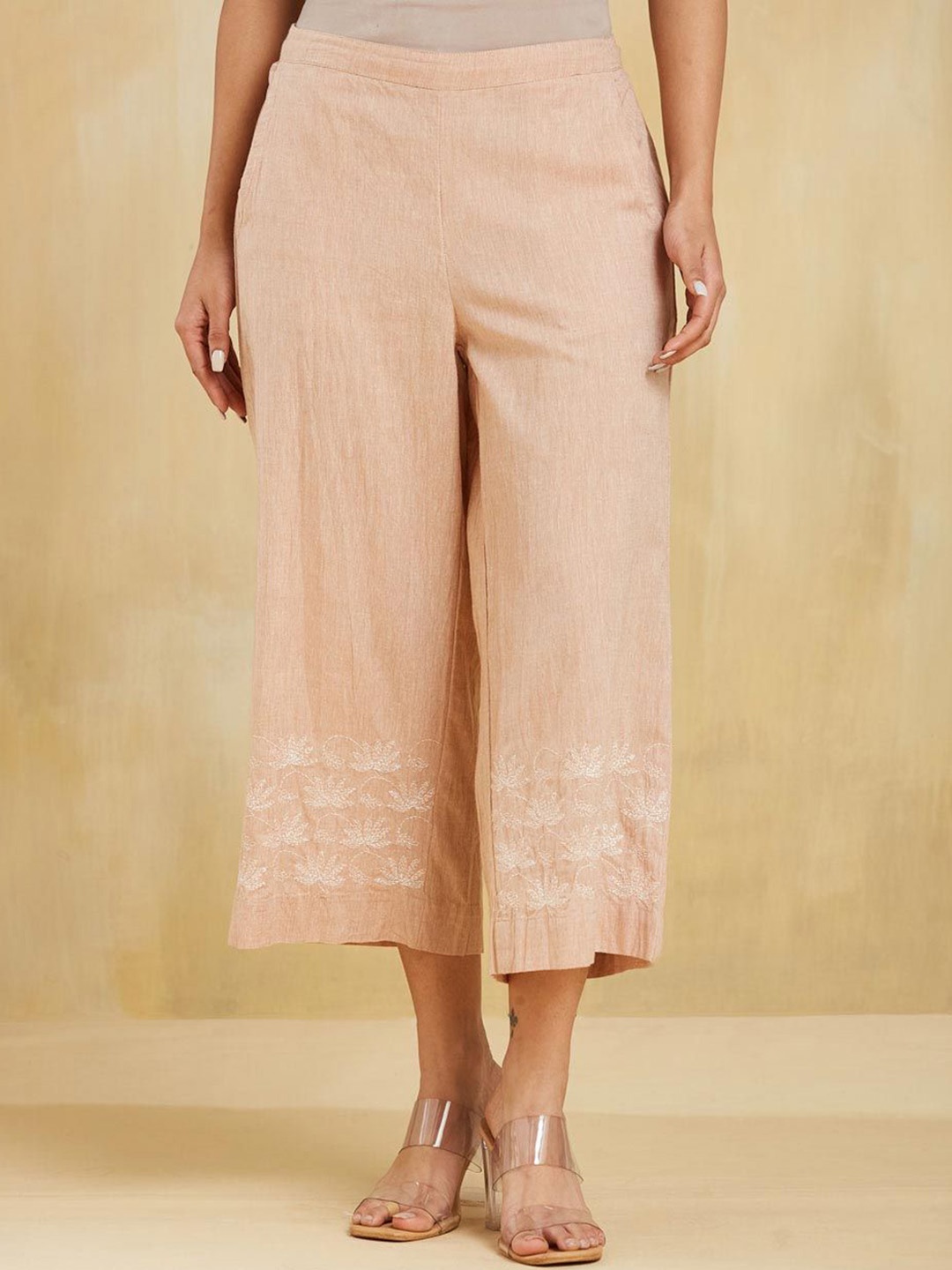

Fabindia Women Ethnic Motifs Embroidered Trousers, Beige