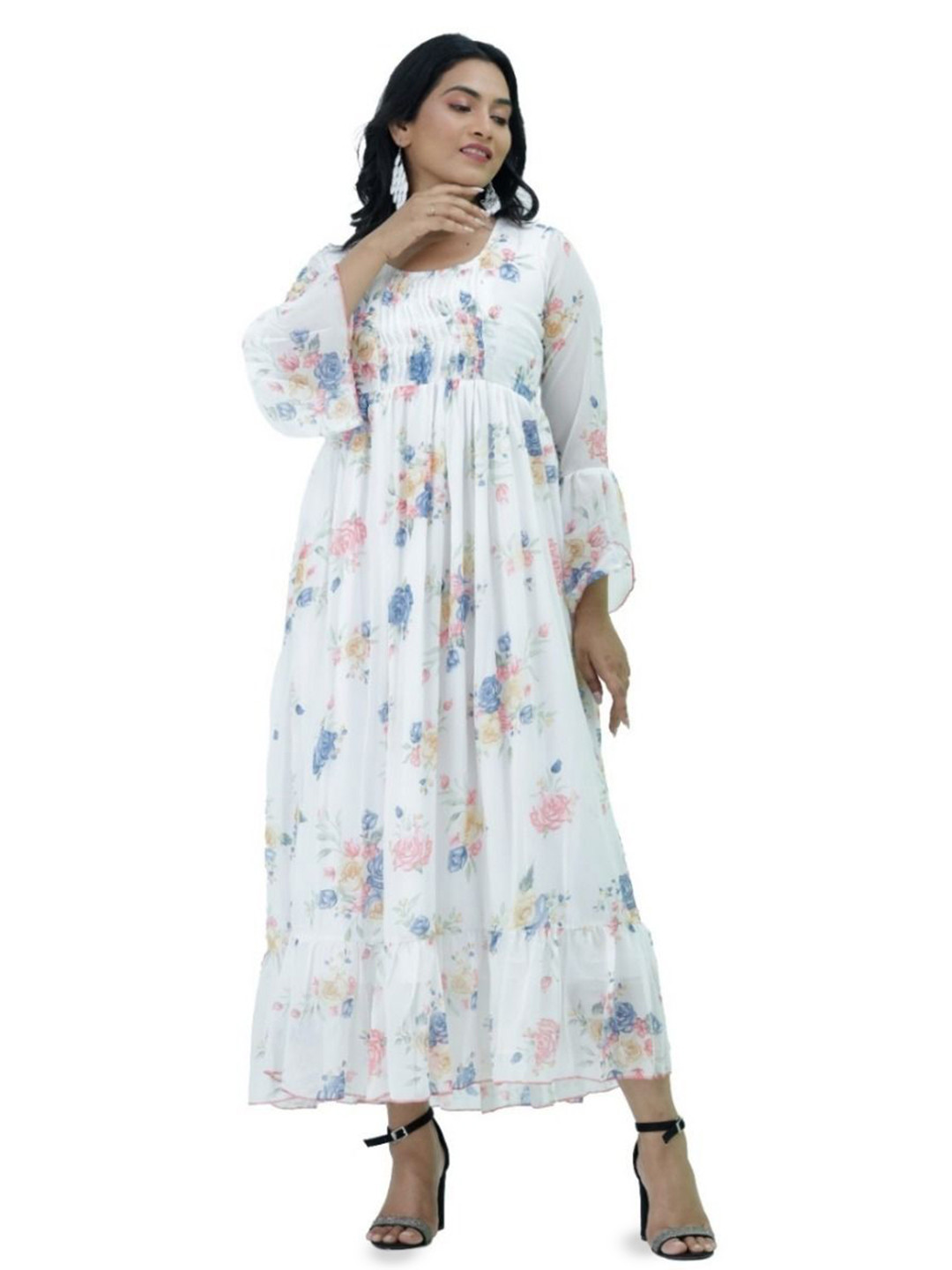 

Silselah Floral Print Bell Sleeve Maxi Dress, White