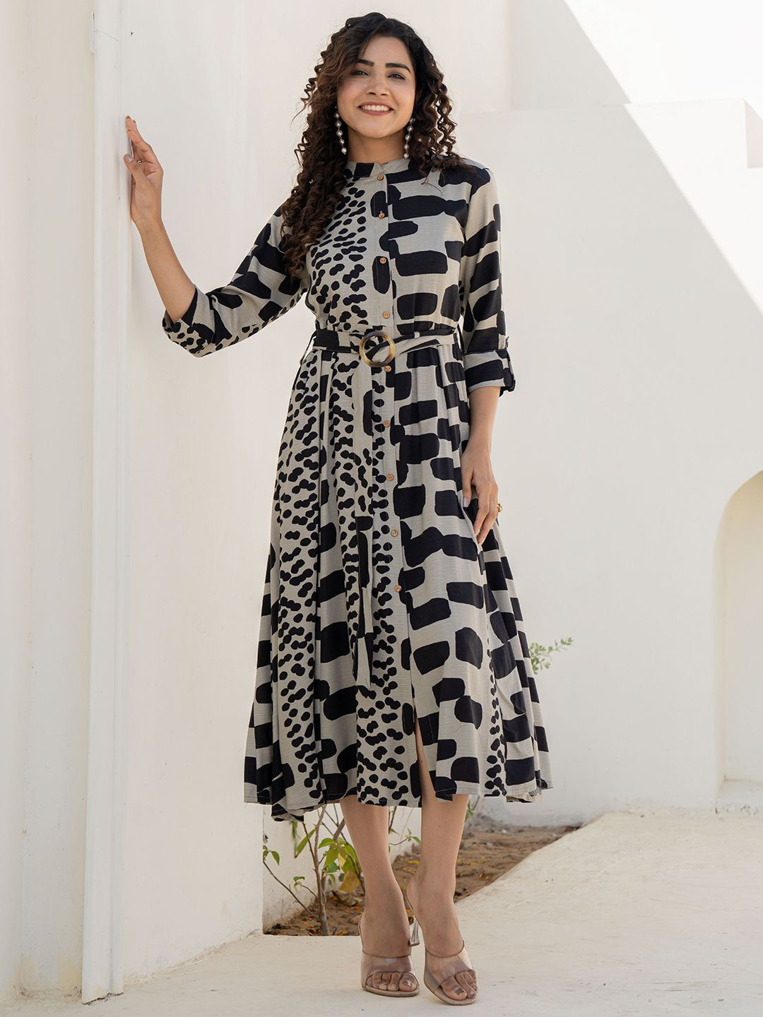 

ZUMMER Animal Print Fit & Flare Midi Dress, Grey