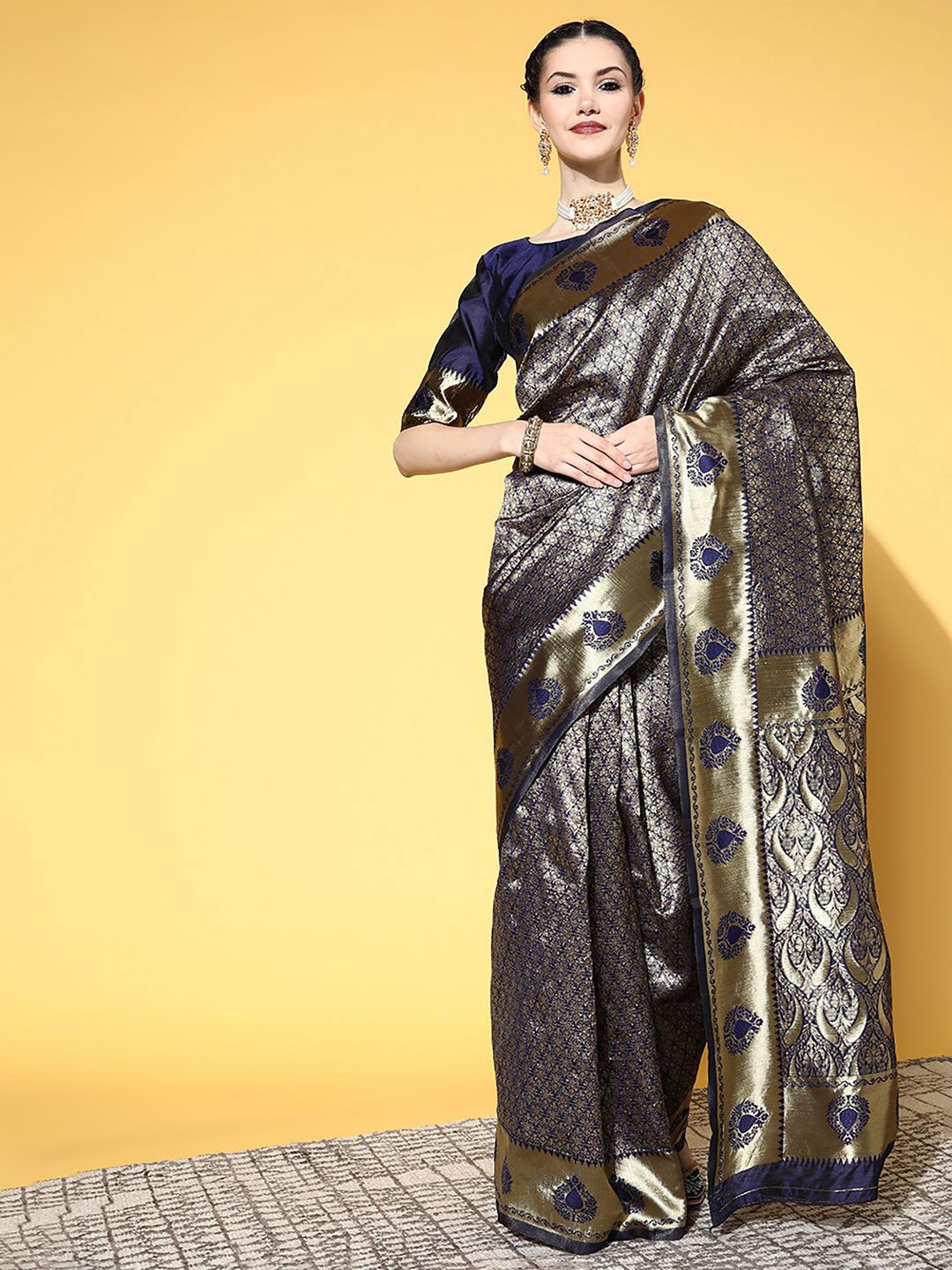 

Anouk Rustic Woven Design Zari Silk Blend Dharmavaram Saree, Navy blue