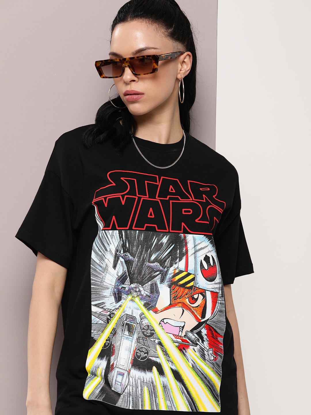 

Kook N Keech Disney Star Wars Printed Drop-Shoulder Sleeves Pure Cotton Oversized T-shirt, Black