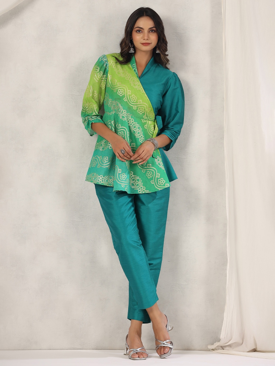 

mirari Geometric Printed V-Neck Wrap Top & Trouser, Green