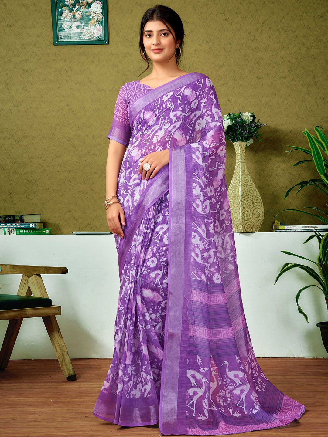 

all about you Zari Pure Linen Ready to Wear Saree, Purple