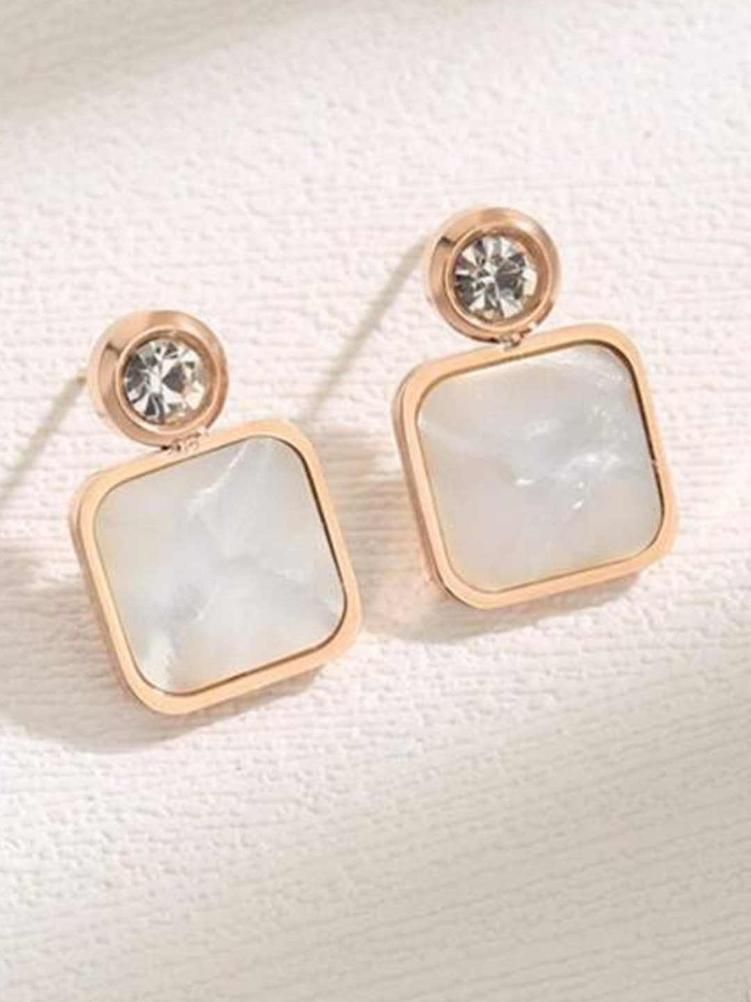 

V FASHION JEWELLERY Copper-Plated Mother of Pearl Studded Contemporary Shaped Drop Earring, Rose gold