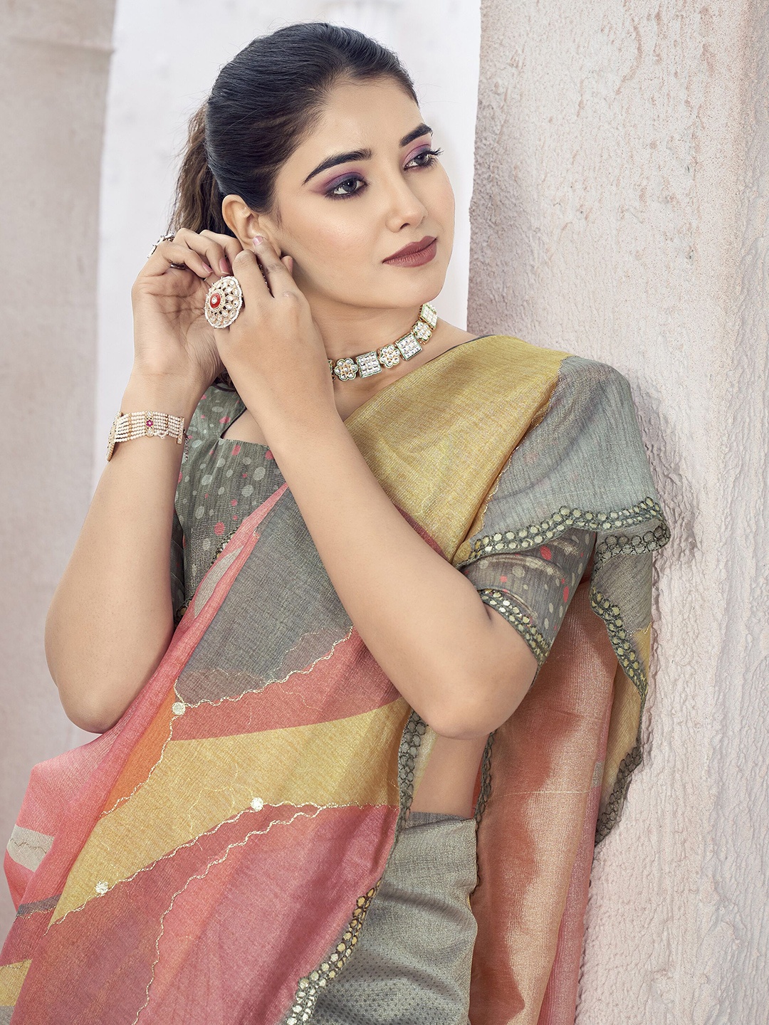 

TASRIKA Mirror Work Tissue Saree, Orange