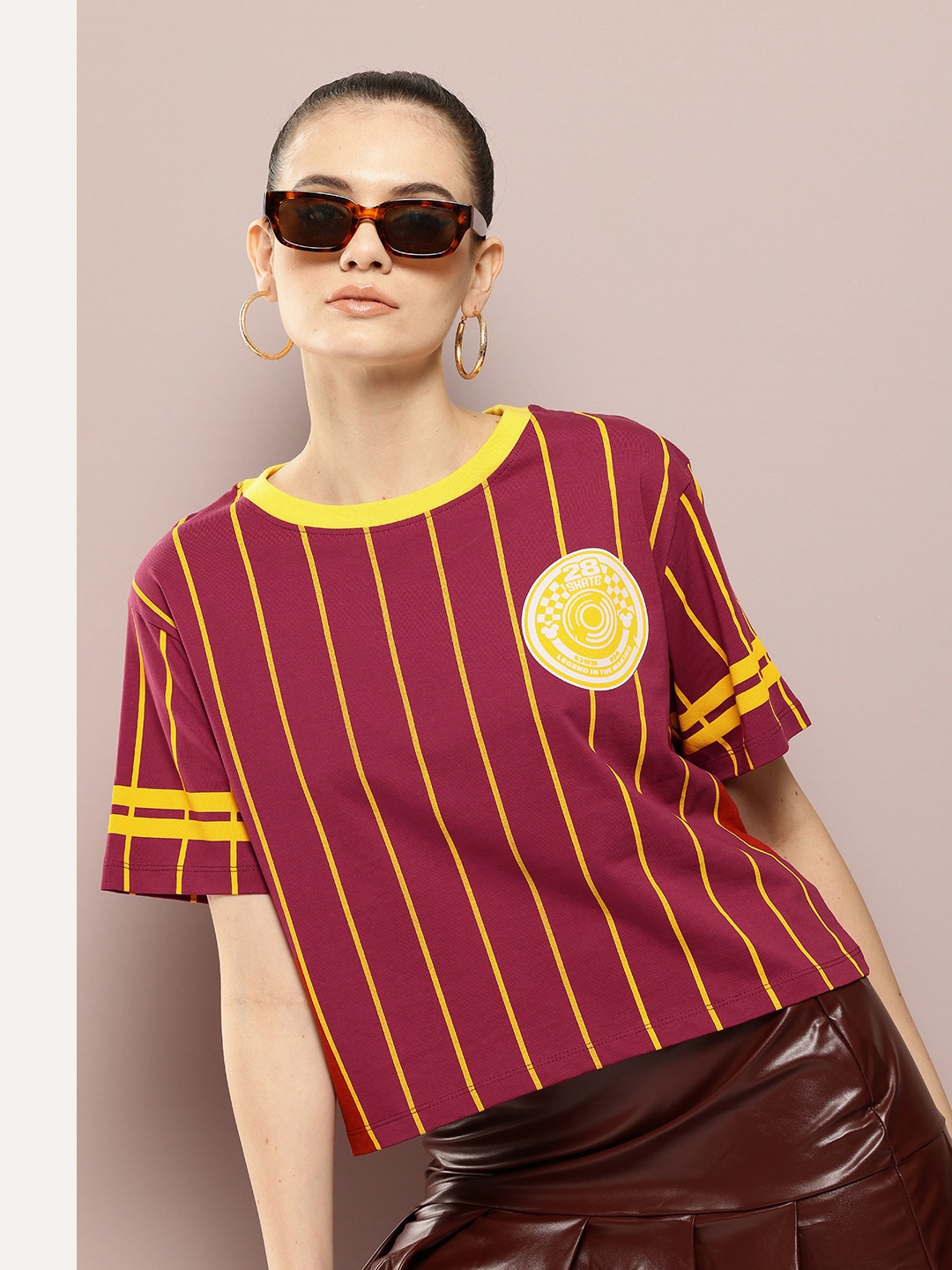 

Kook N Keech Disney Pure Cotton Striped Drop-Shoulder Sleeves T-shirt, Maroon