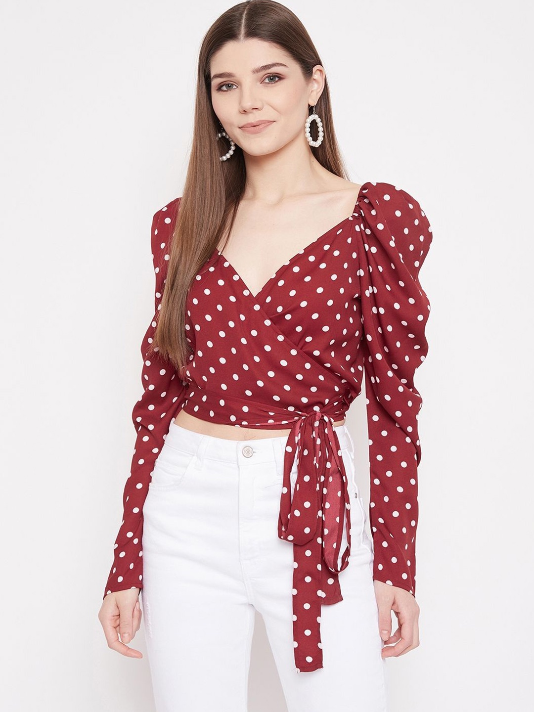 

Berrylush Polka Dot Print Puff Sleeve Wrap Crop Top, Maroon