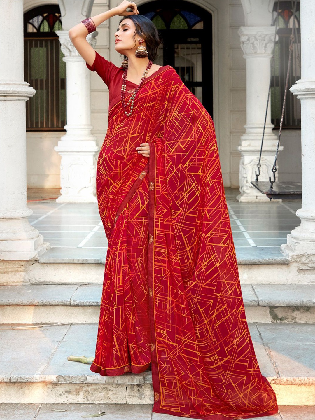 

Anouk Rustic Poly Georgette Block Print Saree, Red