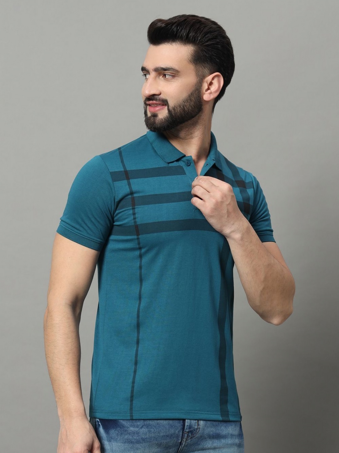 

OGEN Men Printed Polo Collar Pockets T-shirt, Teal