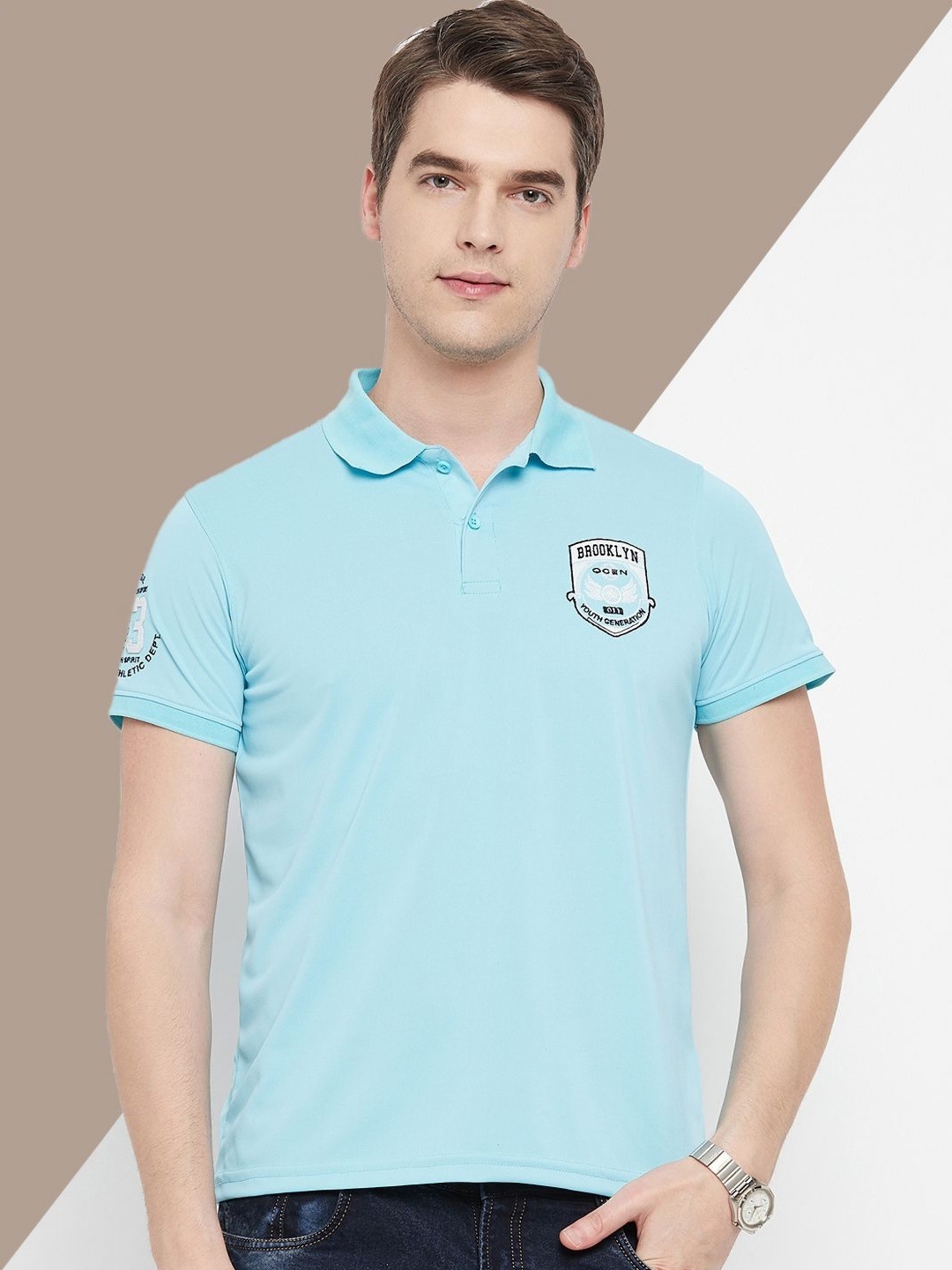 

OGEN Men Typography Polo Collar Pockets T-shirt, Blue