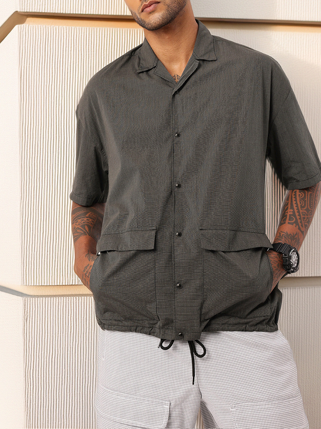 

Kook N Keech Street Versatile Ties Flap Pocket Oversized Shirt, Grey