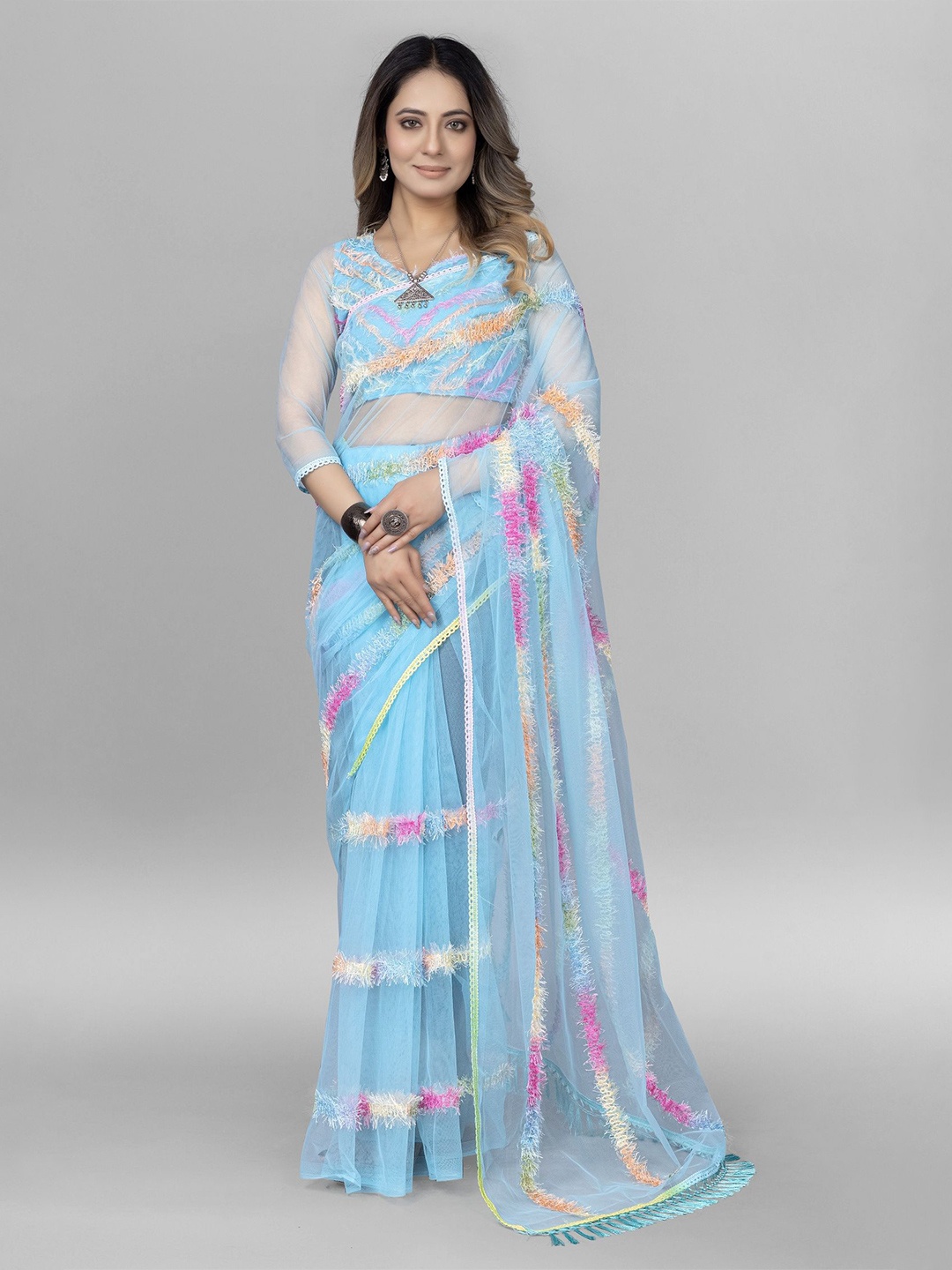 

JULEE Net Saree, Turquoise blue