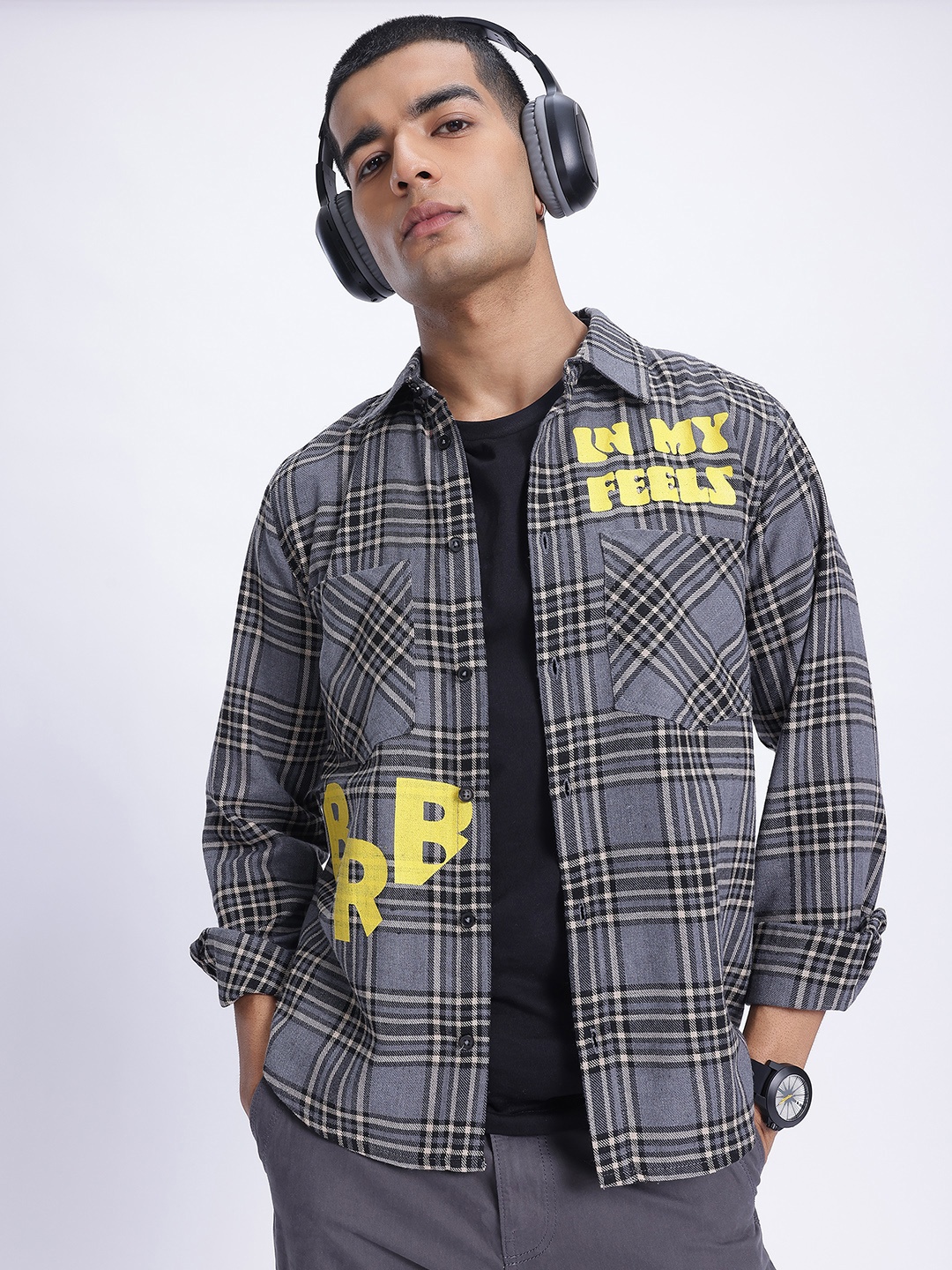 

glitchez Effortlessly Relaxed Checked Shirt, Grey