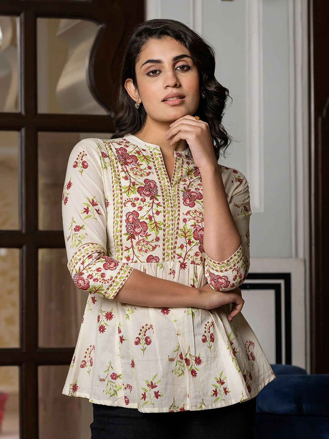 

KALINI Floral Embroidered Mandarin Collar Cotton Top, Brown