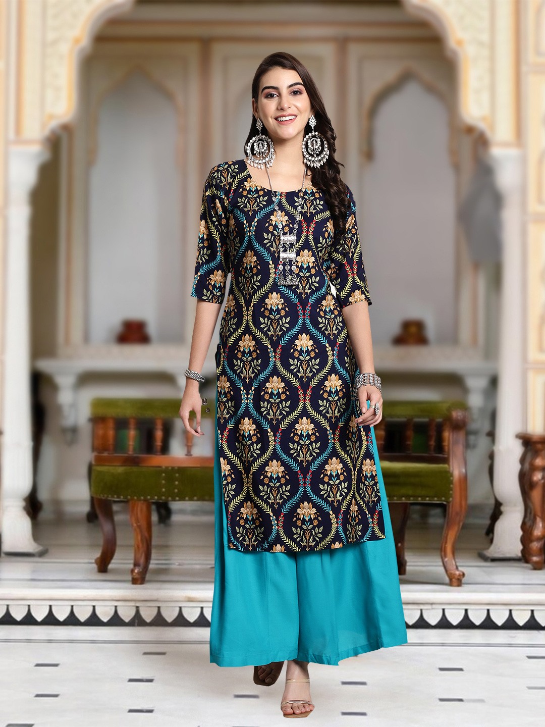 

Moda Rapido Floral Printed Round Neck Straight Kurta, Navy blue