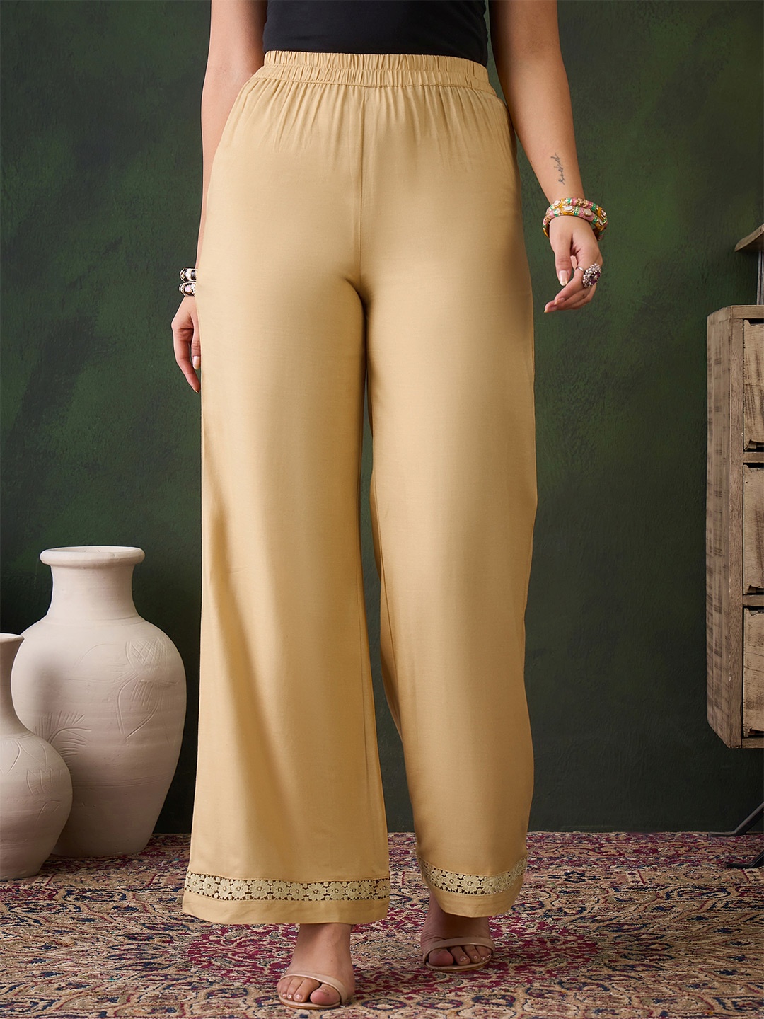 

Sangria Embroidered High Rise Relaxed Fit Trousers, Beige