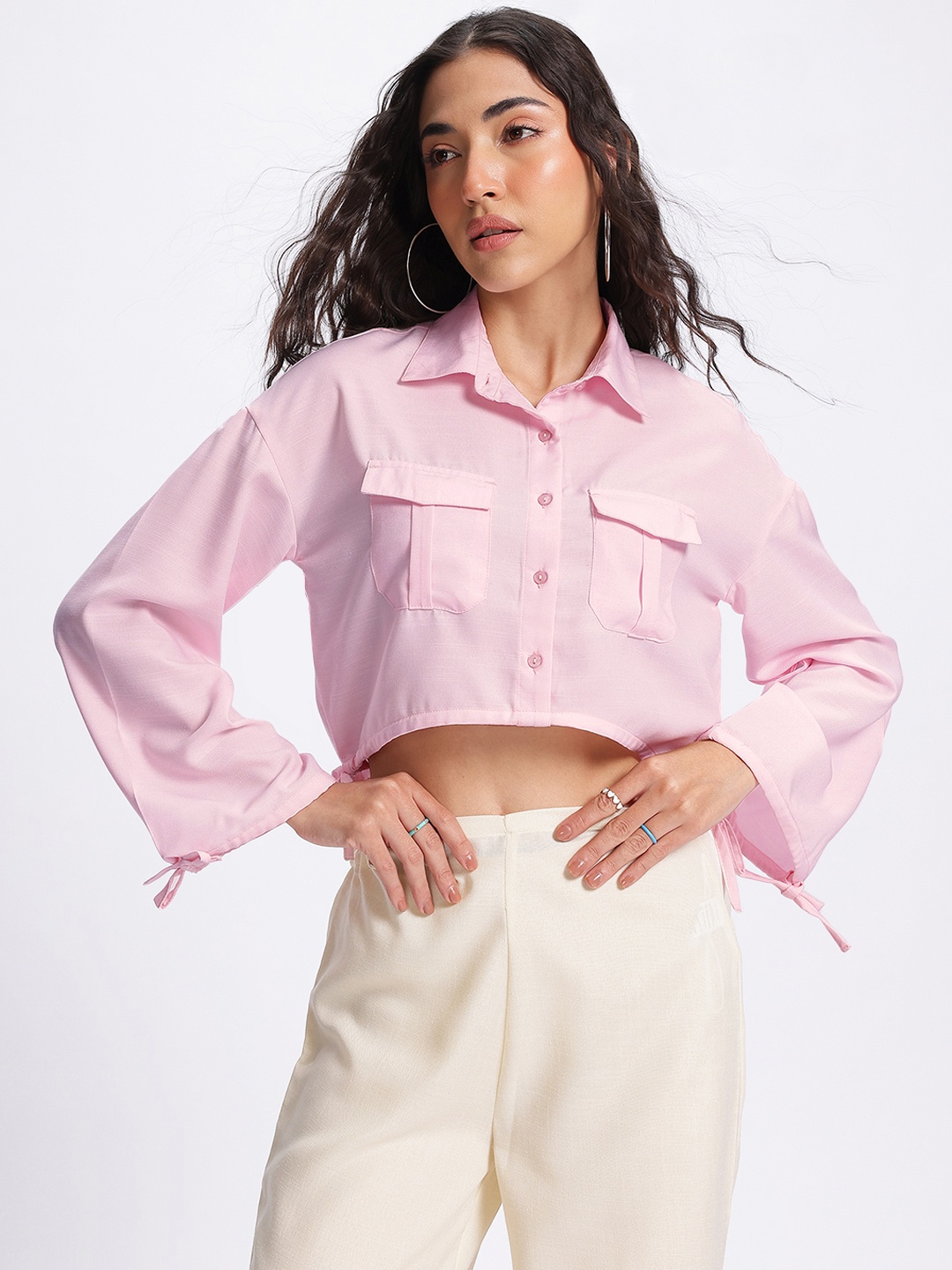 

glitchez Utility Vibes Cargo-Pocketed Drop-Shoulder Crop Shirt, Pink